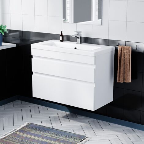 Minimalist 800mm Wall Hung Gloss White Basin Vanity Sink 2 Drawers  COT
