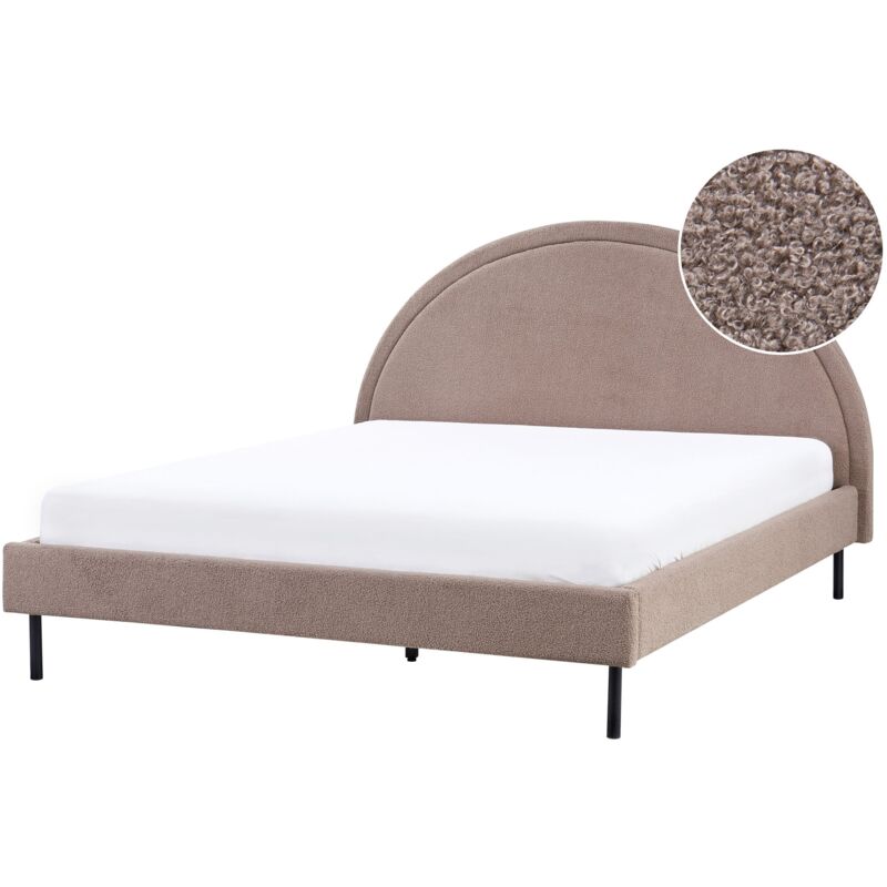 Beliani Minimalist Bed Eu King Size 5ft3 Boucle Polyester Upholstery Slatted Base Half-round Headboard Taupe Margut
