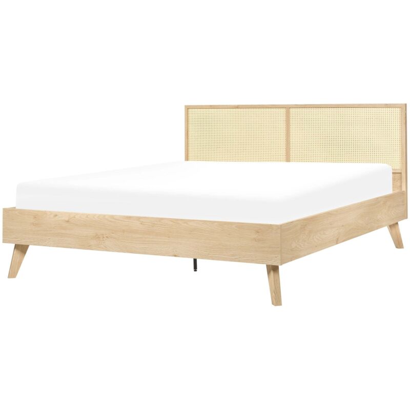 Beliani Boho Eu King Size Bed Base 5ft3 Rattan Headboard Light Wood Monpazier