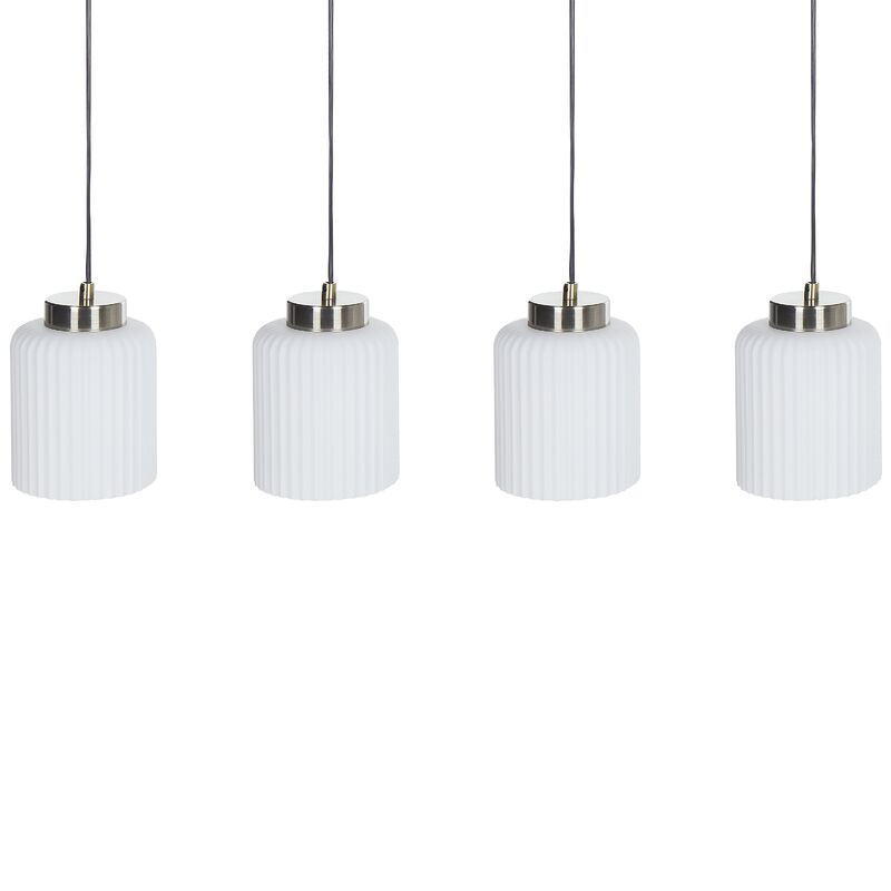 Minimalist Industrial Metal Hanging Pendant Lamp with 4 White Glass Shades Black and Brass Caudelo