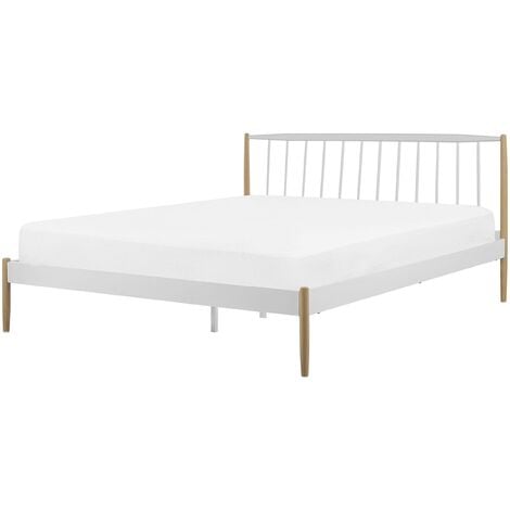 Minimalist Retro EU King Size Metal Bed Frame 5ft3 Wooden Legs White Maurs