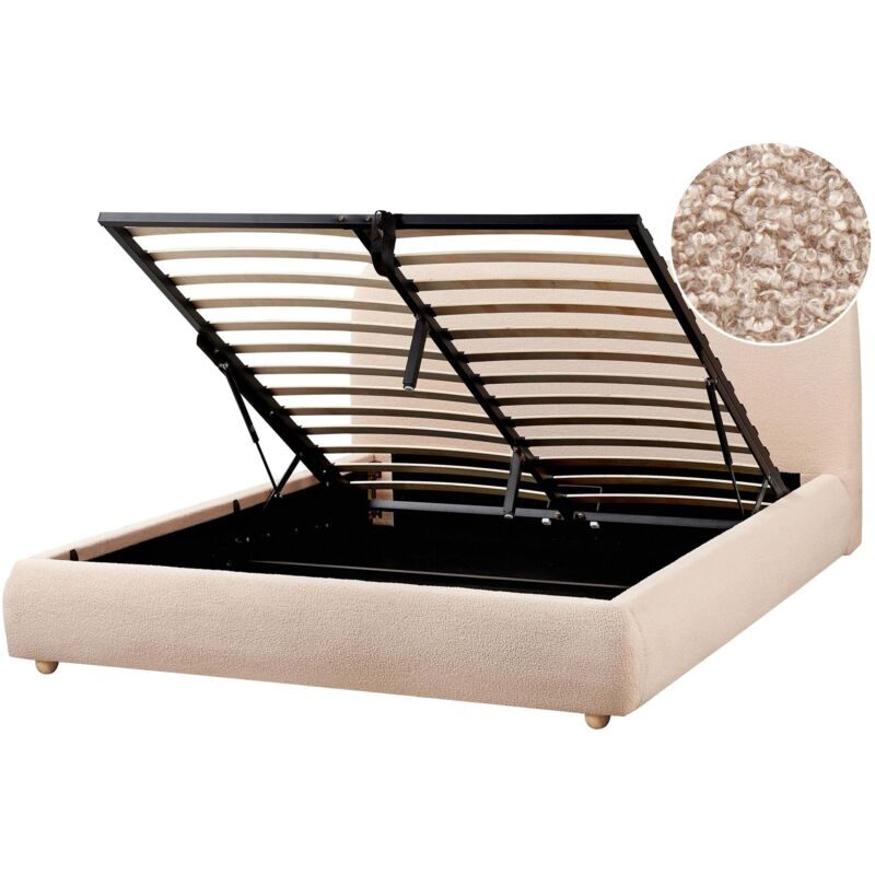 Beliani Minimalist Storage Ottoman Bed Eu King Size 5ft3 Boucle Modern Beige Blagnac