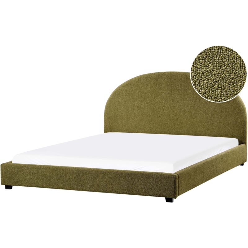 Beliani Minimalist Upholstered Bed Eu Super King Size 6ft Boucle Olive Green Vaucluse