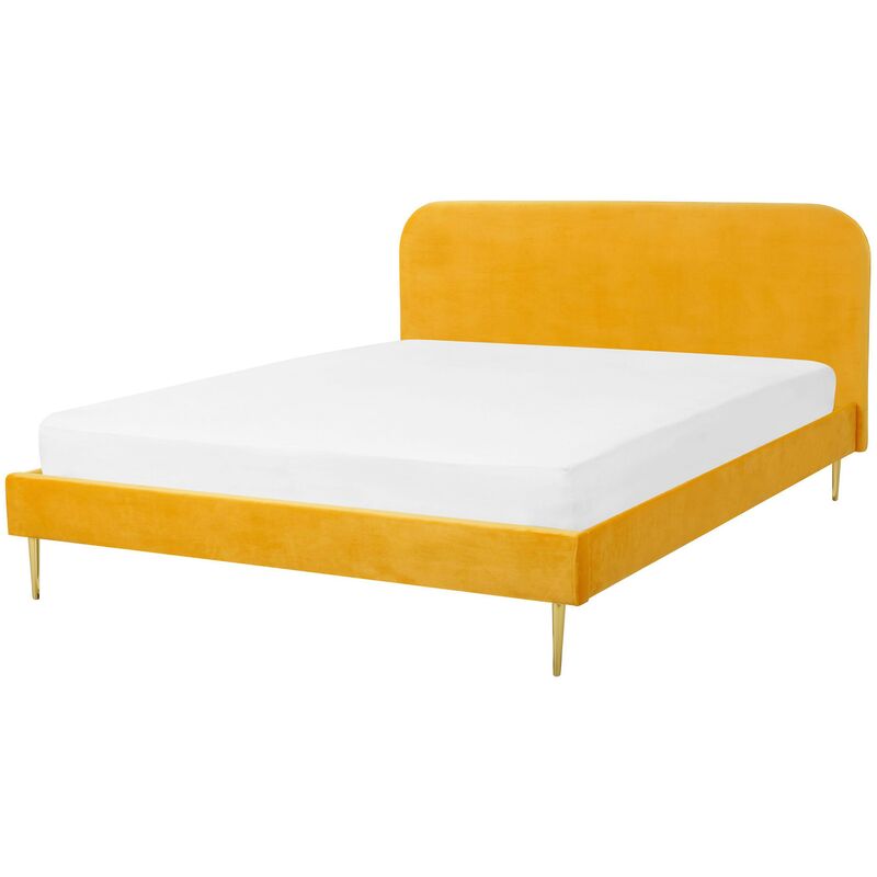 Minimalist Velvet Upholstered eu Double Size Bed 4.6ft Headboard Yellow Flayat