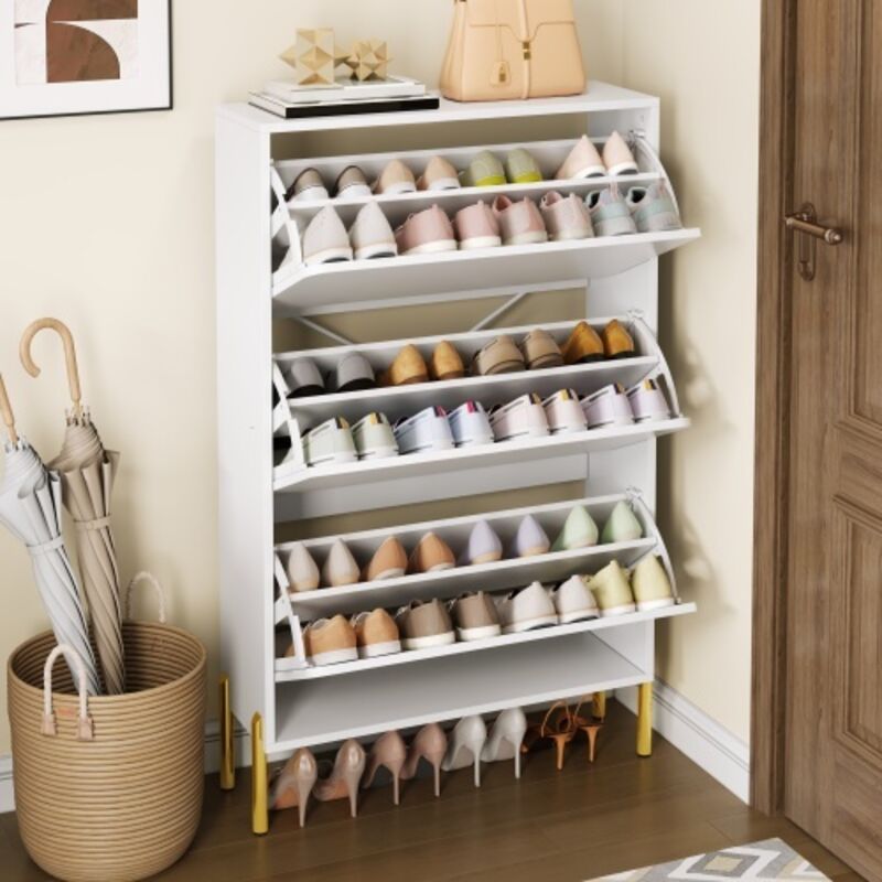 Okwish Minimalistischer Schuhschrank Mit 3 Türen, Weiß Und Gold, 73x24x120 Cm
