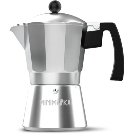 Minimoka 3 - Cafetera italiana, 3 tazas, base y filtro de acero inoxidable, mango ergonómico, válvula de seguridad, cierre de silicona para mayor seguridad, apta para: vitro, eléctrica y gas
