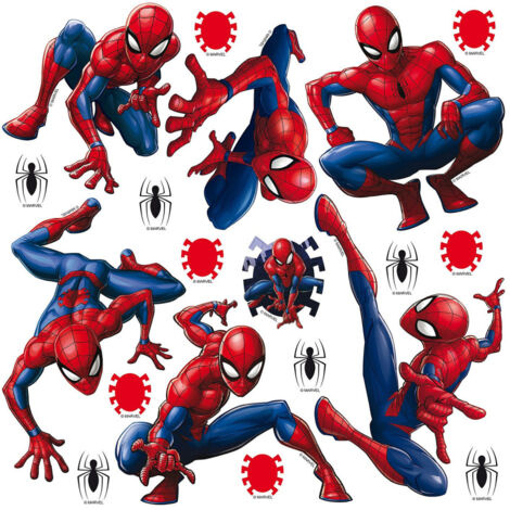 Minis stickers Spiderman 30 cm x 30 cm – PVC auto-collant repositionnable – 7 personnages et motifs décoratifs Marvel – Ag Art