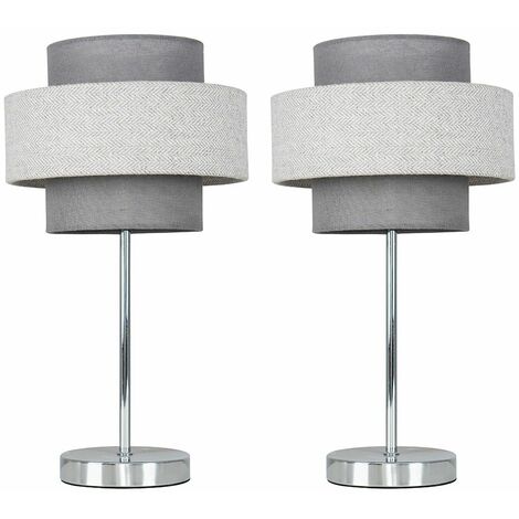 main image of "2 x Chrome Touch Table Lamps s & Dimmable Frosted Candle LED Bulbs - Mustard & Grey Herringbone"