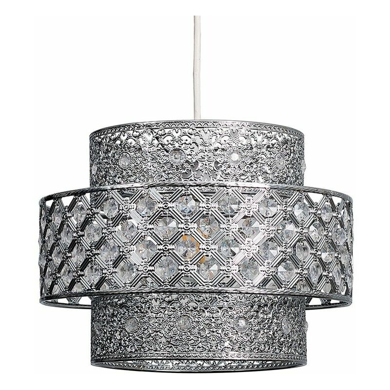 3 Tier Intricate Pattern Chrome Ceiling Pendant Light Shade with Clear Acrylic Crystal Jewels - No Bulb