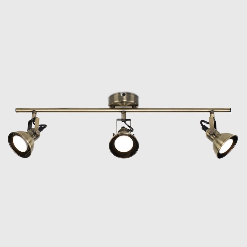 Modern 3 Way Adjustable Domed Heads Straight Bar Ceiling Spotlight in an Antique Brass Finish