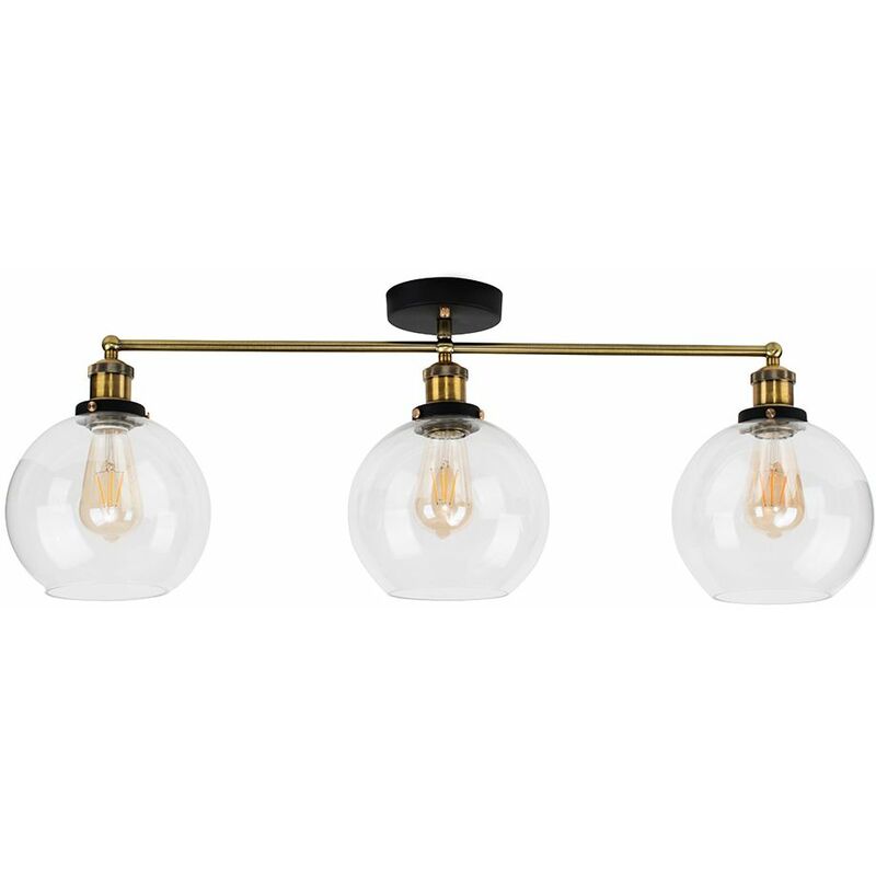 Minisun - 3 Way Black & Gold Ceiling Light with Clear Glass Globe Shades - Add LED Bulbs