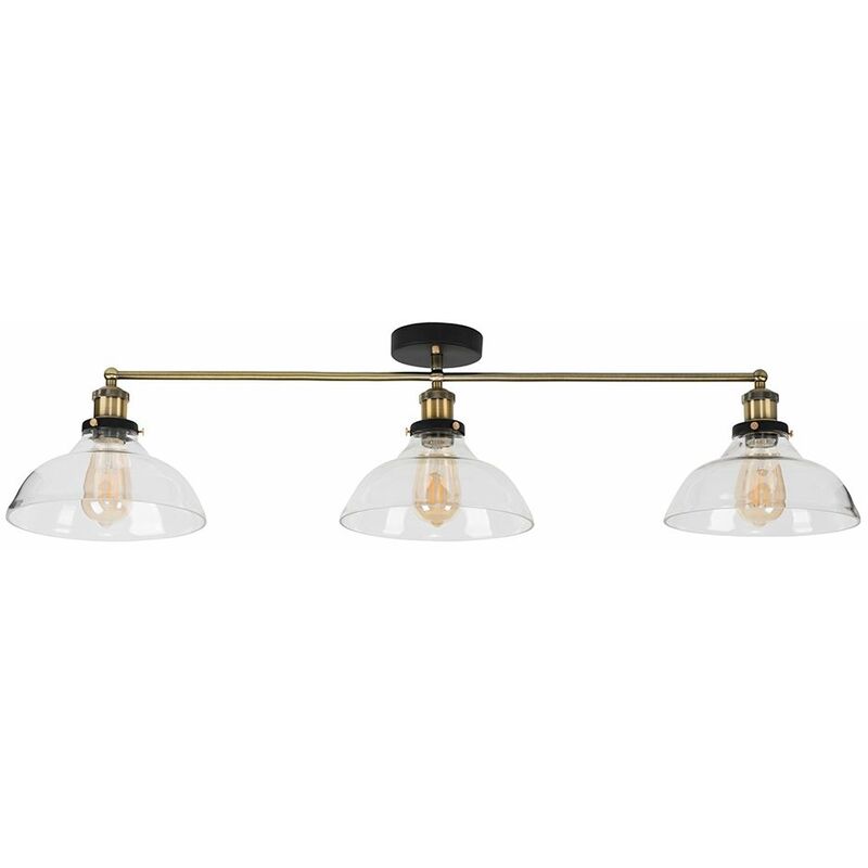 Minisun - 3 Way Black & Gold Ceiling Light with Wide Clear Glass Light Shades - Add LED Bulb