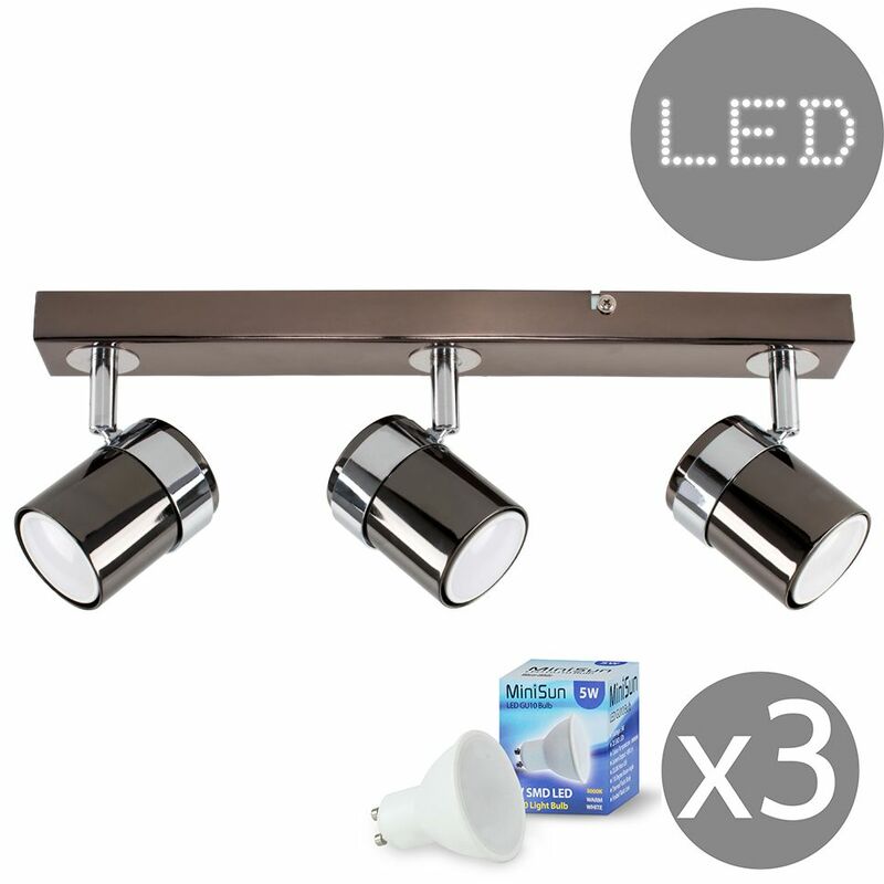 Minisun - 3 Way Straight Bar Ceiling Spotlight + 5W Warm White GU10 LED Bulbs - Black Chrome