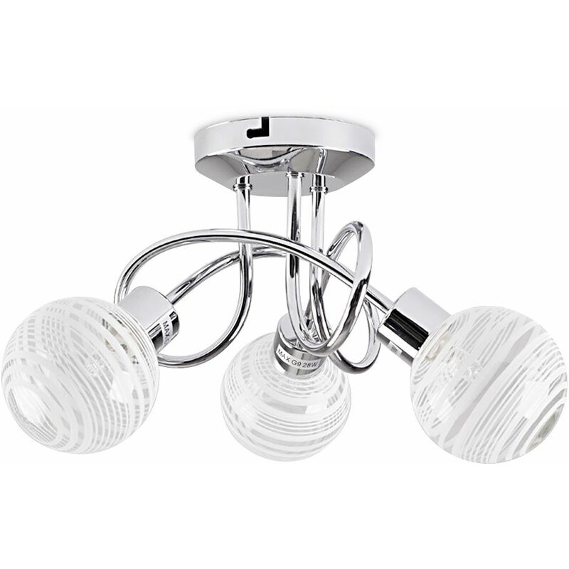 Minisun - 3 Way Chrome Flush Arm Ceiling Light with Clear & Frosted Glass Ring Globe Shades - No Bulb
