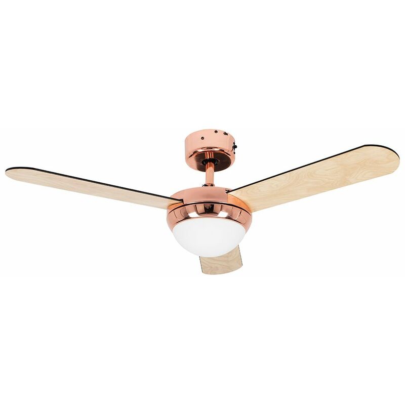 42' / 107cm Copper Ceiling Fan With Frosted Opal Glass Light Shade & 3 X Reversible Blades With Remote Control - Add LED Bulb