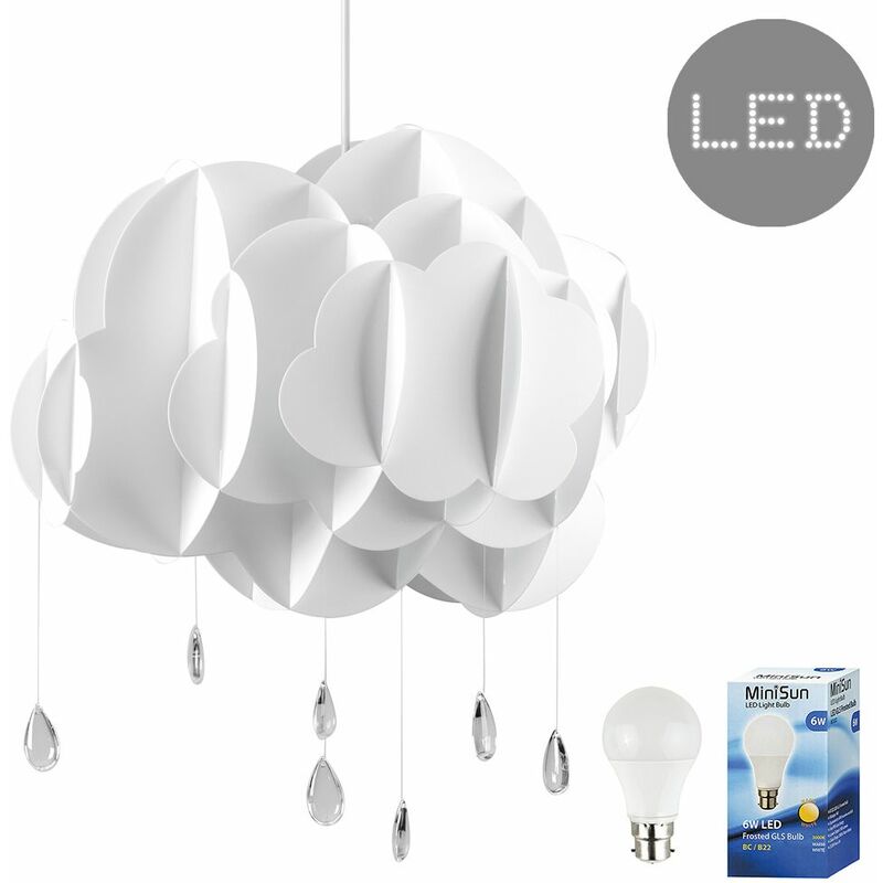 45cm Children's Bedroom White Rain Cloud Acrylic Jewel Raindrop Water Droplets Ceiling Pendant Light Shade - Warm White LED
