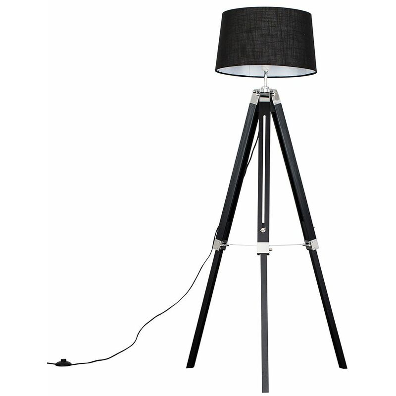 Minisun - Clipper Tripod Floor Lamp in Black Wood with Doretta Shade - Black - Including LED Bulb