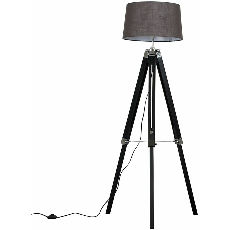 Minisun - Clipper Tripod Floor Lamp in Black Wood with Doretta Shade - Dark Grey - Including LED Bulb