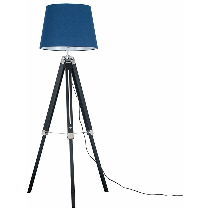 Minisun - Clipper Tripod Floor Lamps in Black with Large Aspen Shade - Navy Blue - Including LED Bulb