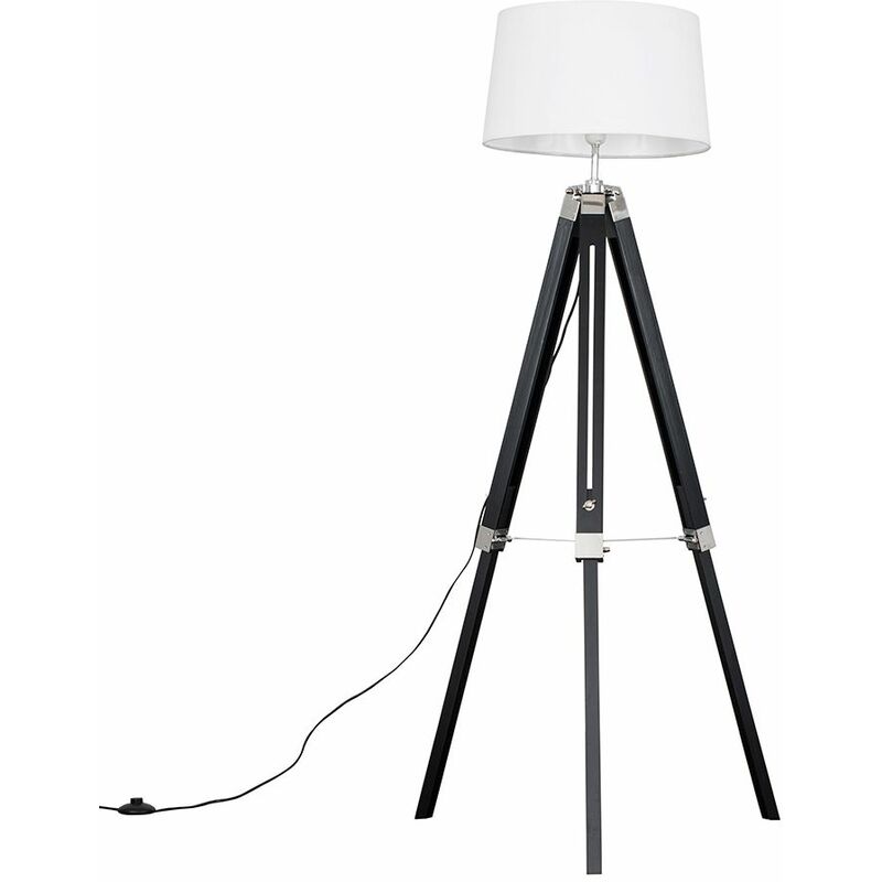 Minisun - Clipper Tripod Floor Lamp in Black Wood with Doretta Shade - White - Including LED Bulb