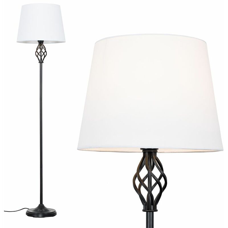 Minisun - Barley Twist Floor Lamp in Black with Tapered Shade - White