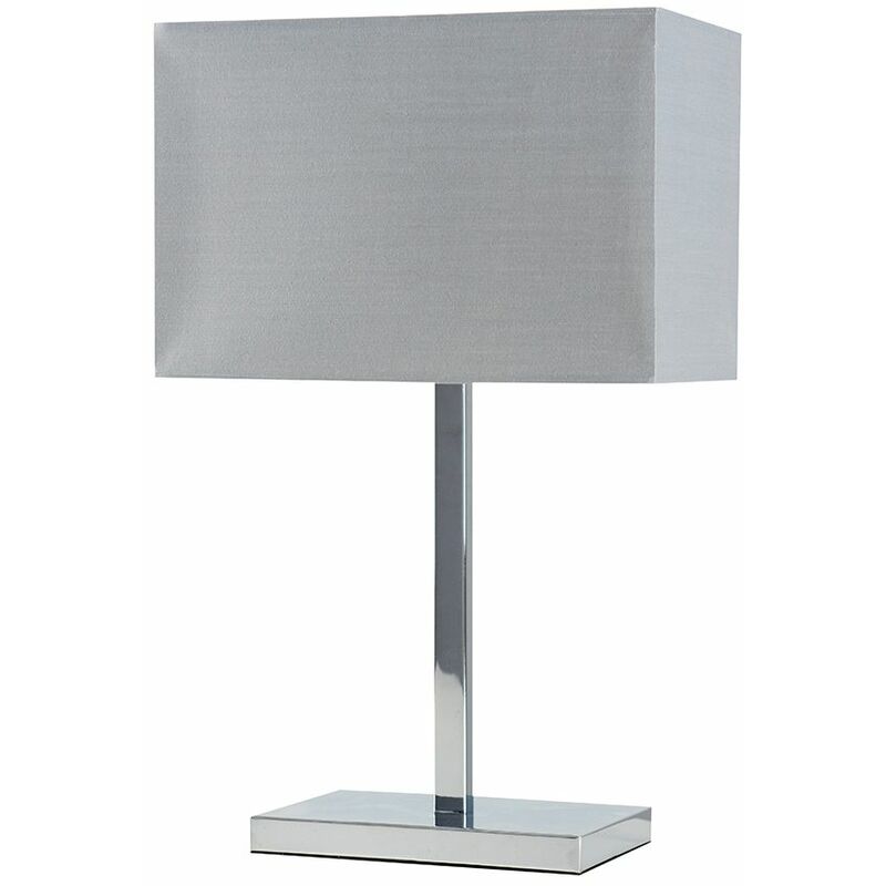 Chrome Tube Stem Table Lamp Grey Fabric Rectangle Shade - No Bulb