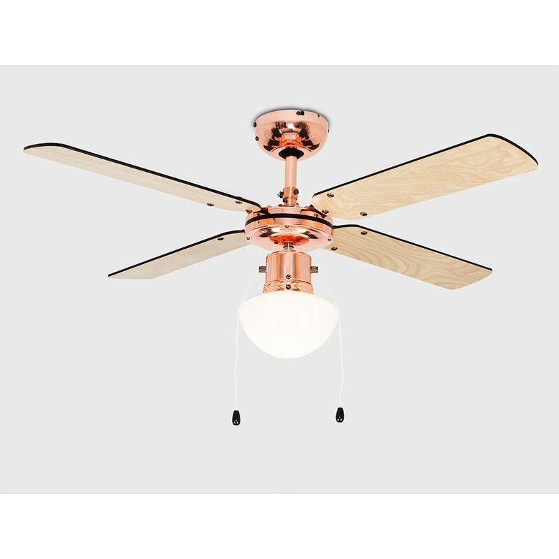 Minisun Copper 42 Ceiling Fan With Light Beech Black Reversible Blades 4w Led Candle Bulb Warm White