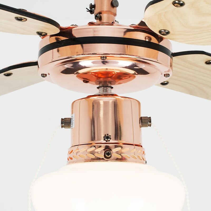 Minisun Copper 42 Ceiling Fan With Light Beech Black Reversible Blades 4w Led Candle Bulb Warm White