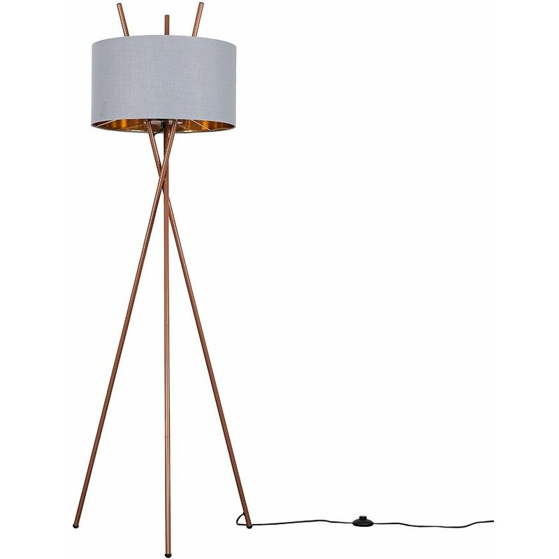 Crawford Tripod Floor Lamp in Copper with Large Reni Shade - Grey & Copper - Including LED Bulb