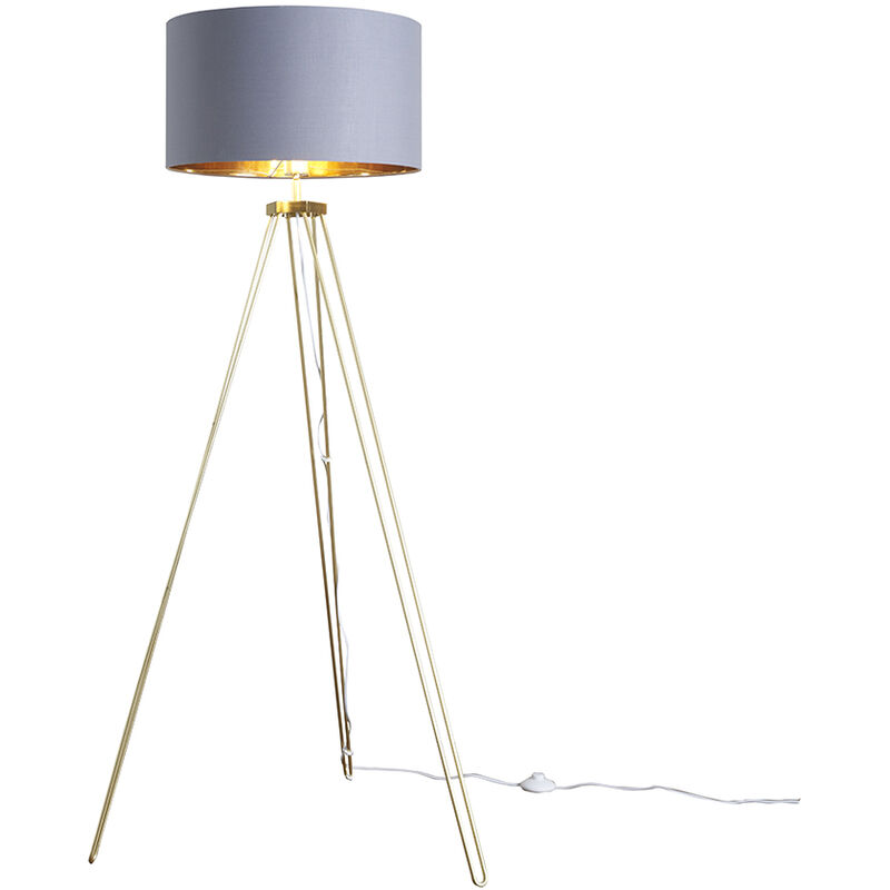Minisun - Gold Metal Tripod Floor Lamp with Drum Shade - Grey & Gold