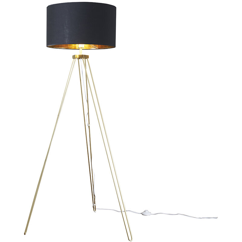 Minisun - Gold Metal Tripod Floor Lamp with Drum Shade - Black & Gold + LED Bulb
