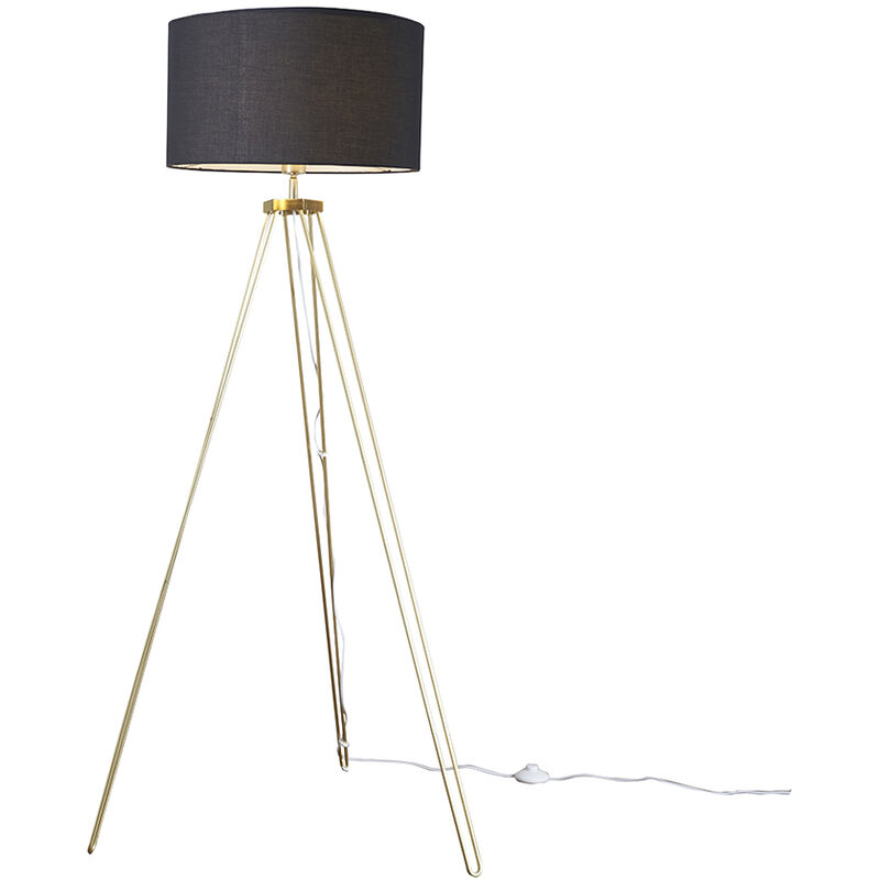 Minisun - Gold Metal Tripod Floor Lamp with Drum Shade - Black + LED Bulb