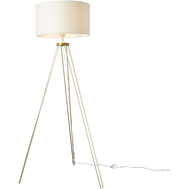 Gold Metal Tripod Floor Lamp with Drum Shade - Beige + LED Bulb