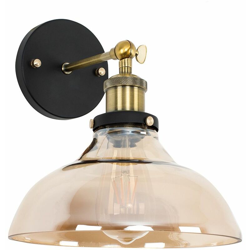 Minisun - Industrial Black & Gold Wall Light Amber Glass Wide Shade - Add LED Bulb