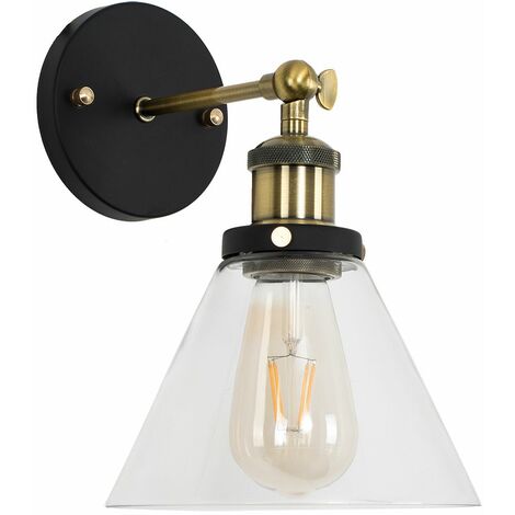 main image of "MiniSun - Industrial Black & Gold Wall Light With Clear Glass Conical Light Shade - No Bulb"