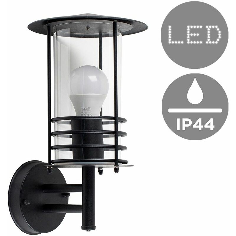 IP44 Rated Stainless Steel Metal Fisherman'S Lantern Cage Outdoor Wall Light & 6W GLS LED Bulb - Black