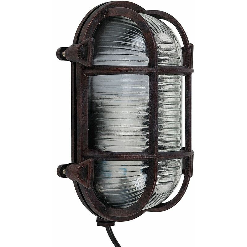 IP64 Rated Oval Rust Nautical Frosted Lens Cross-Cased Metal Outdoor Bulkhead Wall Light - No bulb