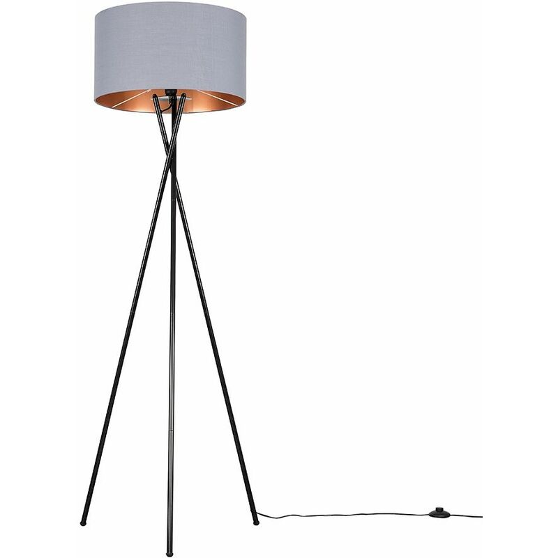 Minisun - Camden Tripod Floor Lamp in Black + Large Reni Shade - Grey & Copper - No Bulb