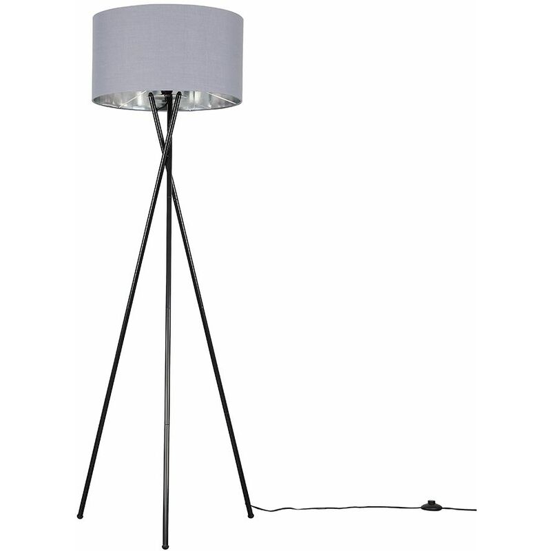 Minisun - Camden Tripod Floor Lamp in Black + Large Reni Shade - Grey & Chrome - No Bulb