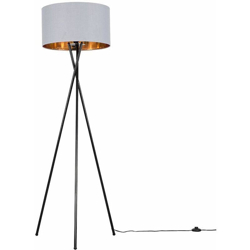 Minisun - Camden Tripod Floor Lamp in Black + Large Reni Shade - Grey & Gold - No Bulb
