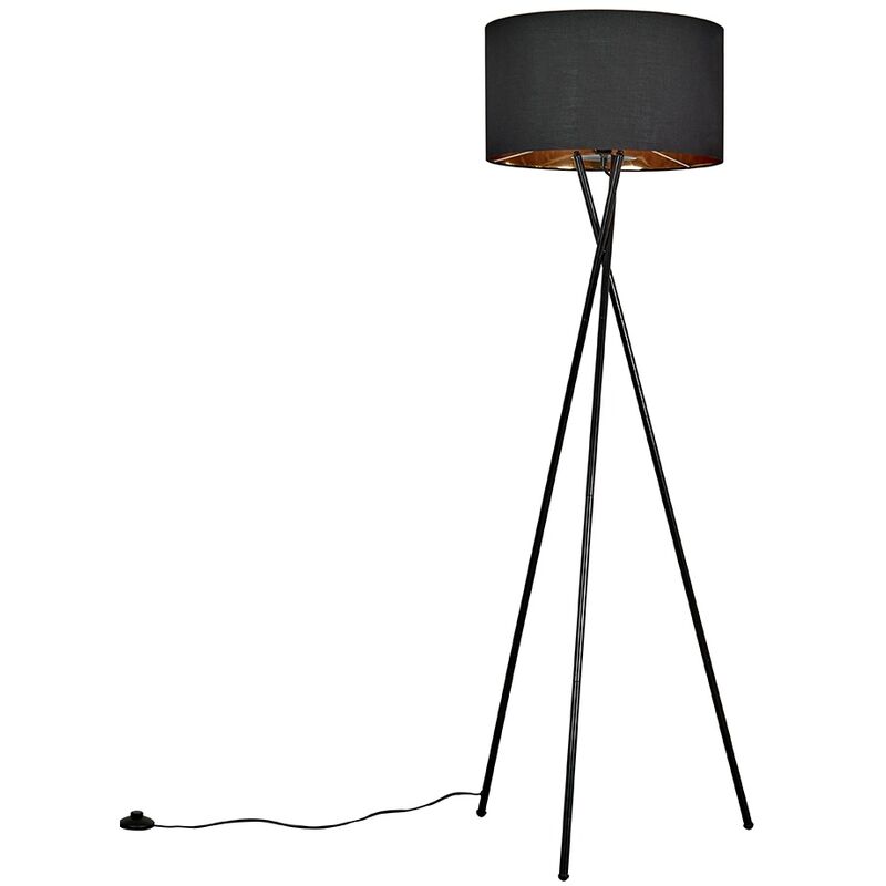 Minisun - Camden Tripod Floor Lamp in Black + Large Reni Shade - Black & Gold - No Bulb