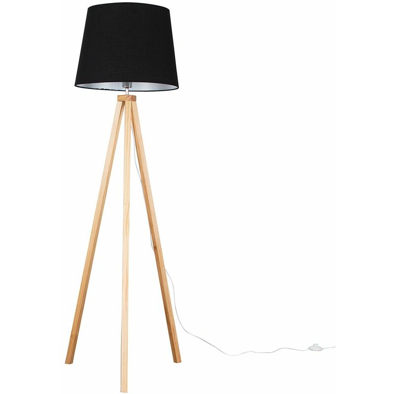 Minisun - Barbro Tripod Floor Lamp in Light Wood with Large Aspen Shade - Black