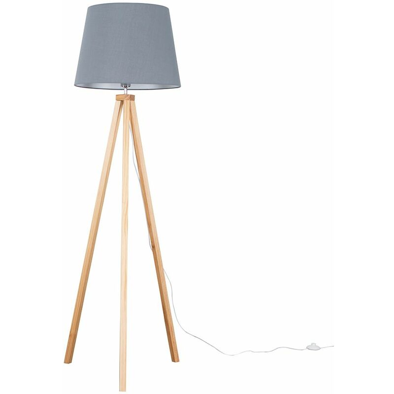 Minisun - Barbro Tripod Floor Lamp in Light Wood with Large Aspen Shade - Grey