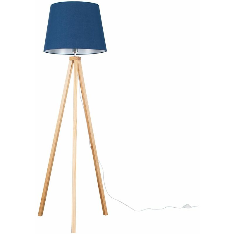 Minisun - Barbro Tripod Floor Lamp in Light Wood with Large Aspen Shade - Navy Blue - Including LED Bulb