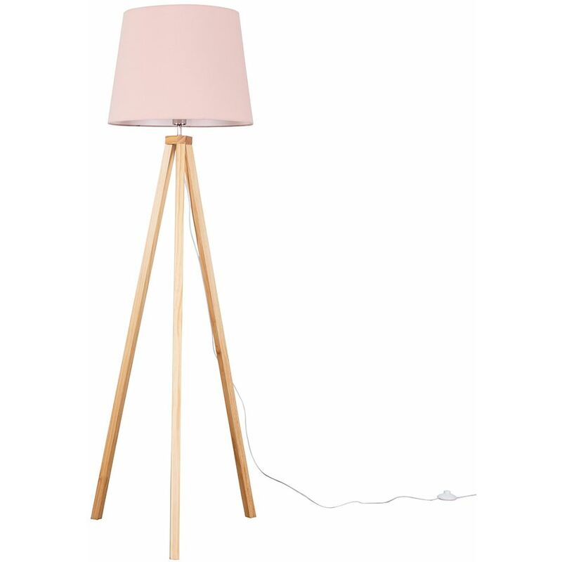 Barbro Tripod Floor Lamp in Light Wood with Large Aspen Shade - Pink - Including LED Bulb