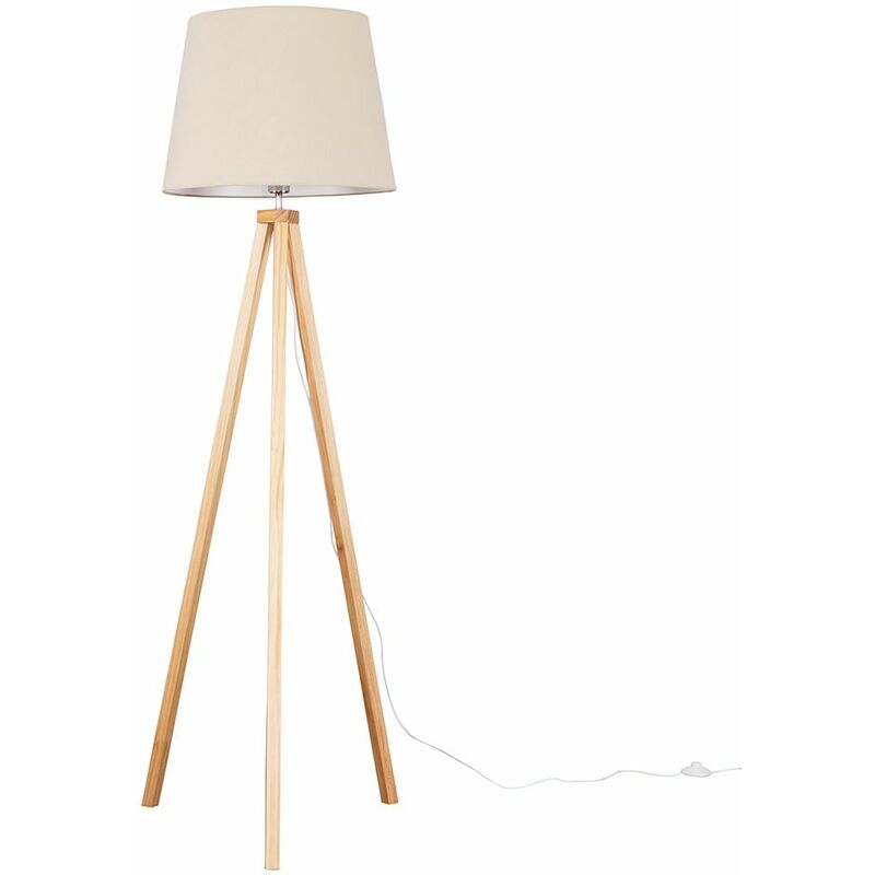 Minisun - Barbro Tripod Floor Lamp in Light Wood with Large Aspen Shade - Beige - Including LED Bulb
