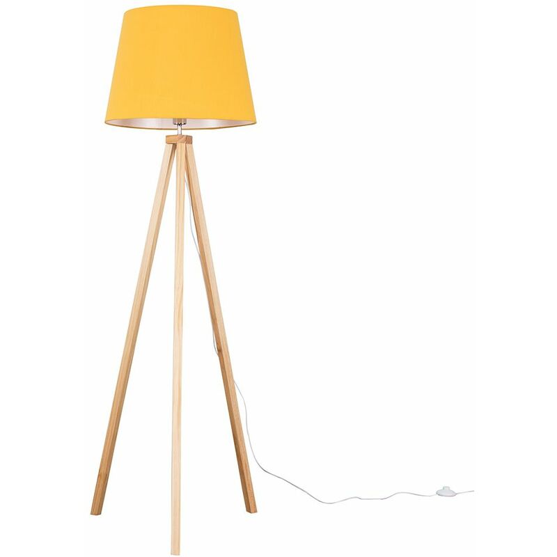 Minisun - Barbro Tripod Floor Lamp in Light Wood with Large Aspen Shade - Mustard - Including LED Bulb