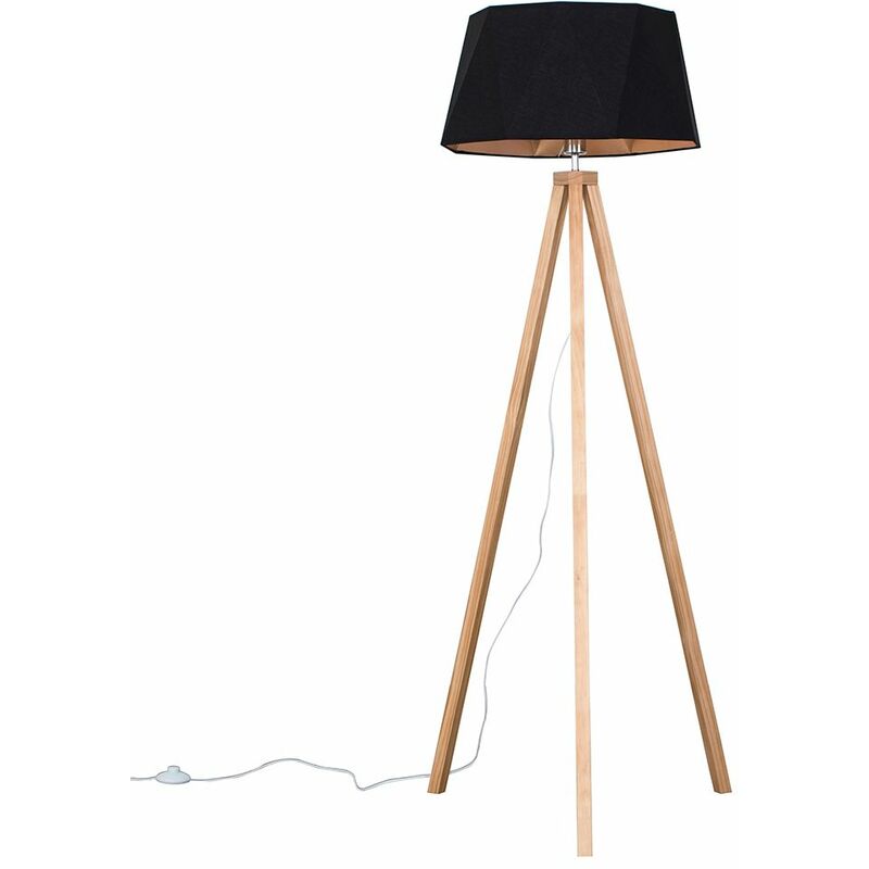 Minisun - Light Wood Tripod Floor Lamp + Matt Black/Copper Geometric Shade - No Bulb