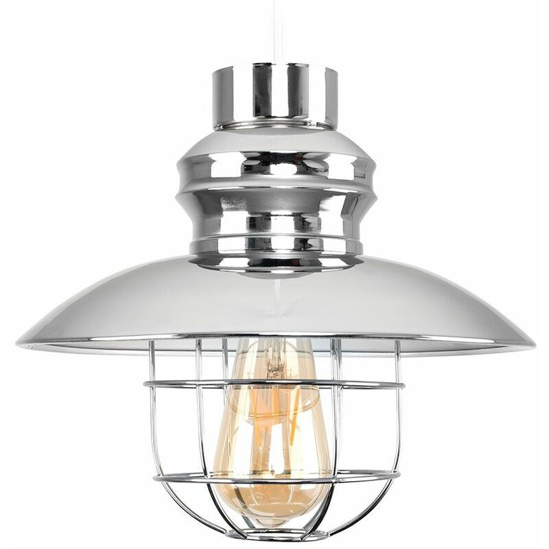 Minisun - Fisherman's Metal Ceiling Pendant Light Shade - Chrome & White - Including LED Bulb