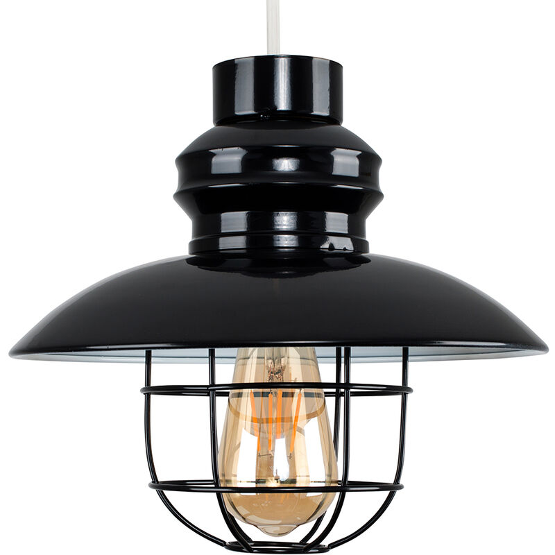 Minisun - Fisherman's Metal Ceiling Pendant Light Shade - Black - Including LED Bulb